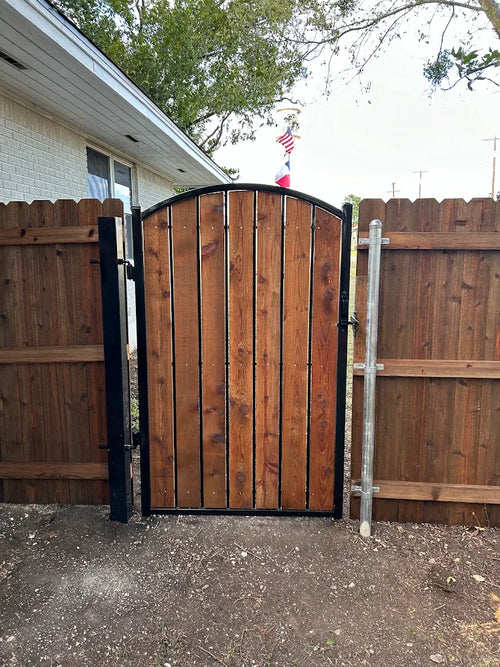 Arch top steel walk gate for pedestrian entry — powder coated flat black, single or double swing | GateBound