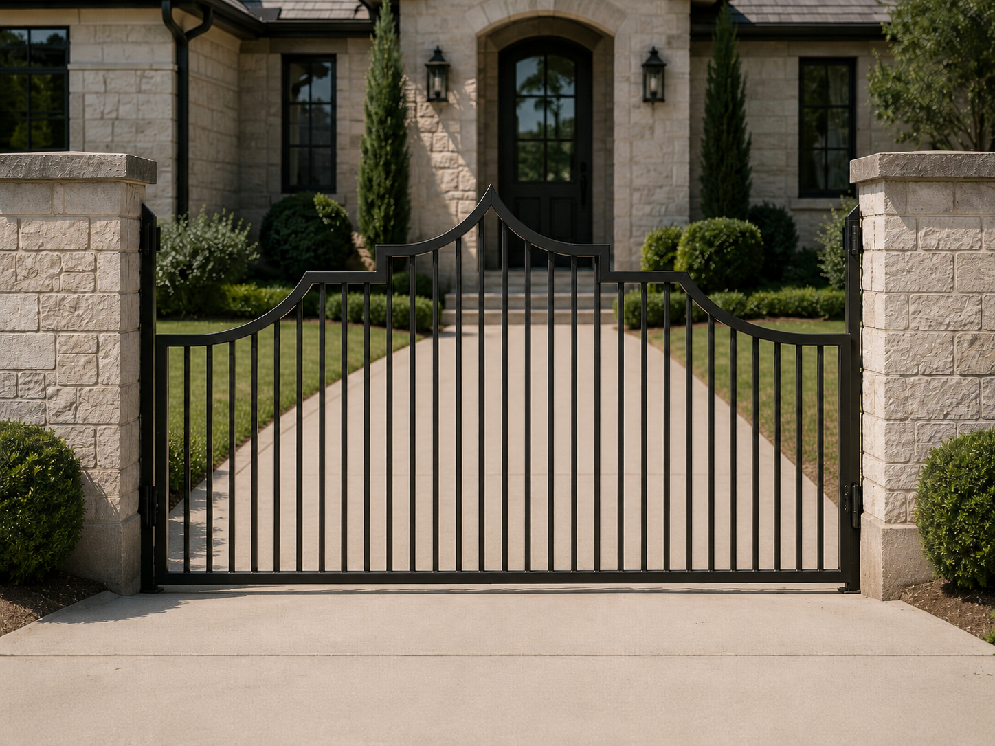 The Spire steel gate — sharp center apex Gothic arch profile, powder coated black | GateBound