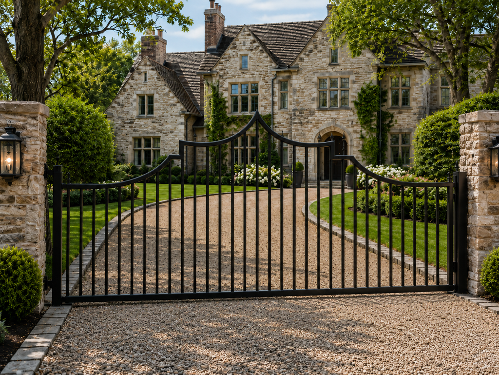 The Spire driveway gate — dramatic Gothic pointed arch steel gate, bold estate entrance | GateBound