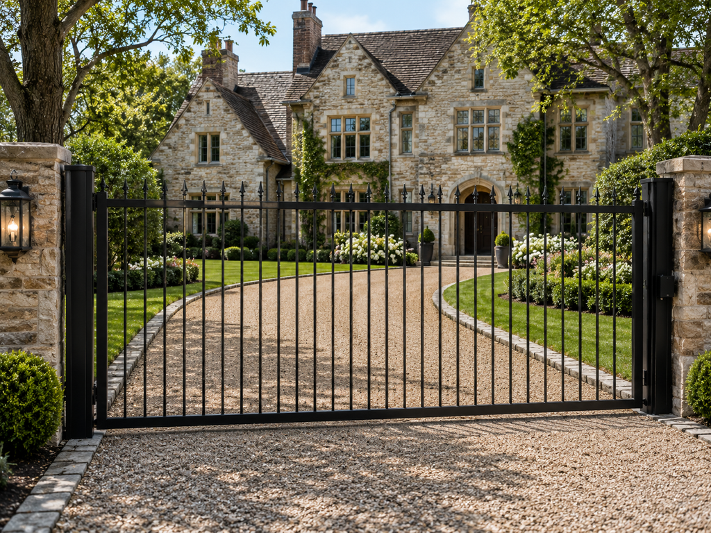 The Lance driveway gate — security-first steel gate with spear-point finial pickets, powder coated | GateBound