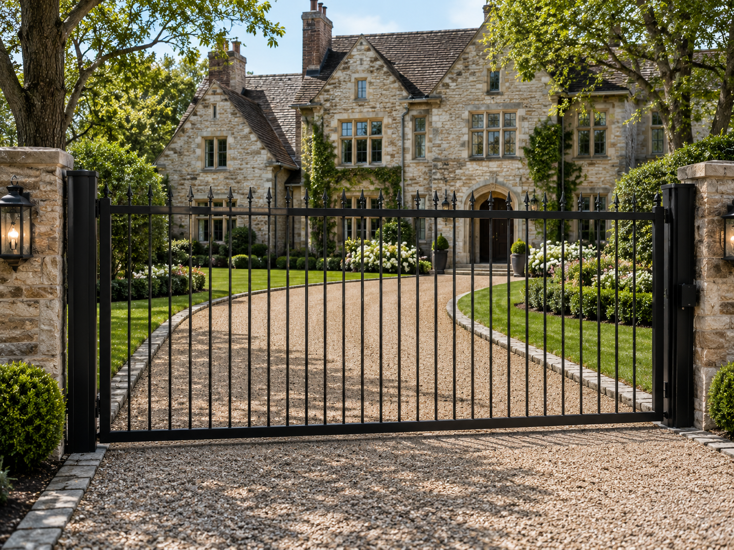 The Lance driveway gate — security-first steel gate with spear-point finial pickets, powder coated | GateBound