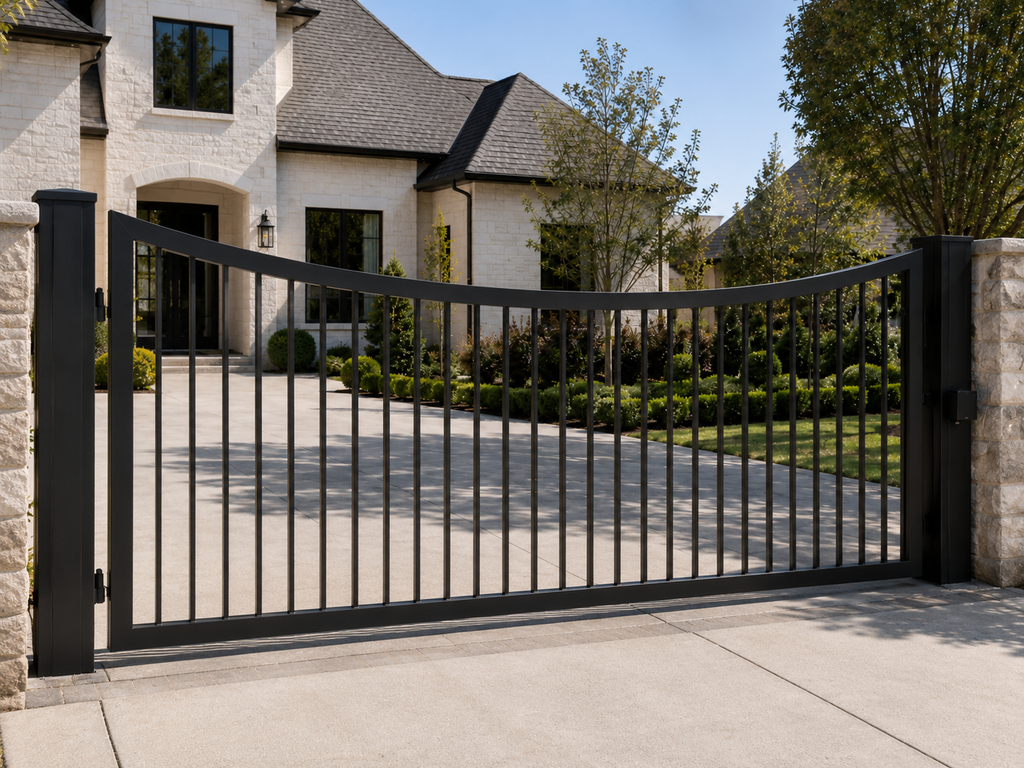 The Draw steel driveway gate — concave valley top rail dipping to low center point, powder coated flat black | GateBound