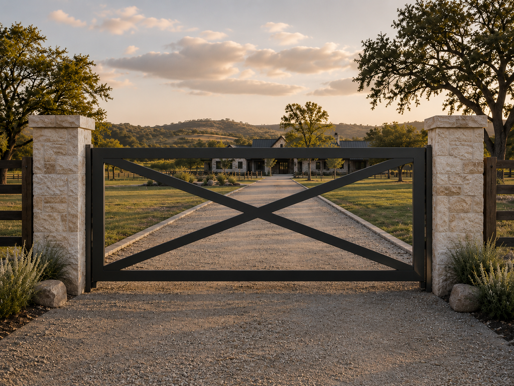 The Crossroads driveway gate — X-brace farmhouse steel gate, Texas ranch aesthetic, powder coated | GateBound