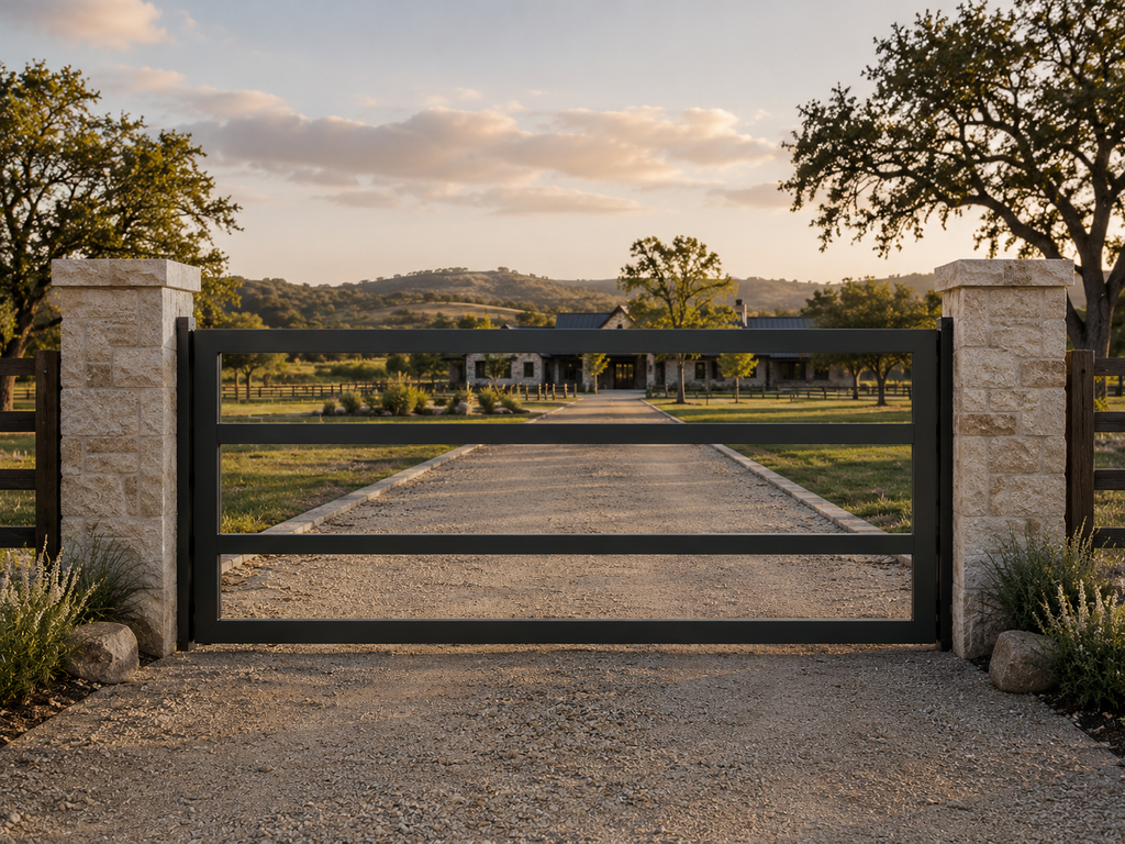 The Range driveway gate — clean horizontal rail steel gate with modern ranch aesthetic | GateBound
