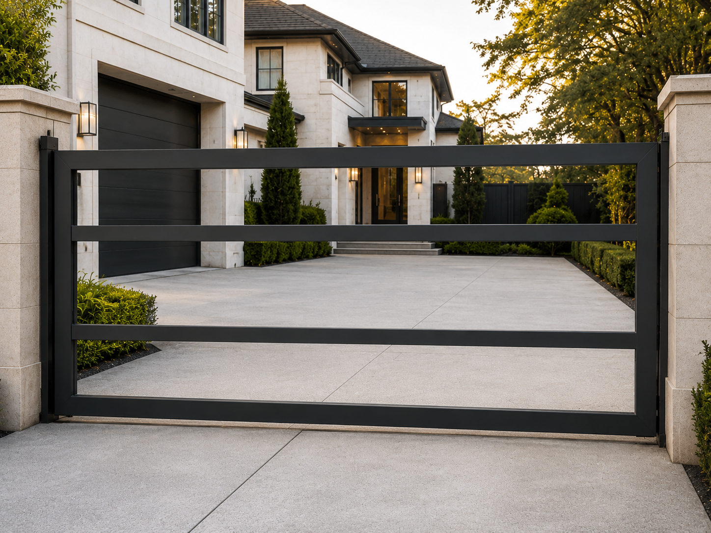 The Range steel gate — horizontal flat rail profile, contemporary hill country design | GateBound